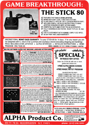 Advertisement for the STICK-80 published in 80 Microcomputing