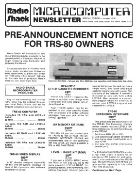 January 1978 issue of the Radio Shack Microcomputer Newsletter